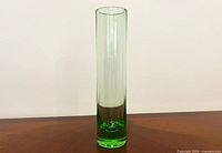 Full view of avocado green and clear blown glass vase standing upright