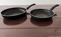 Two non-stick fry pans side by side on wooden surface