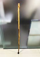 Full length view of diamond willow walking stick showing overall form and rubber tip