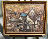 Full view of framed William Layton watercolor on easel