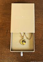 Necklace in open branded box, pendant visible