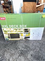 Front of sealed Keter XXL Deck Box package