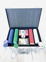 Open aluminum case showing chips, cards and buttons