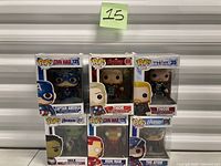 Front view of six sealed Funko Pop! boxes stacked in two rows