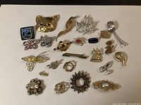 Group shot of all brooches laid out on white background