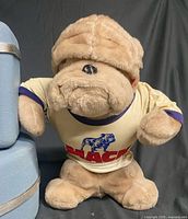 Front view of tan plush bulldog wearing Mack T-shirt, showing size and condition