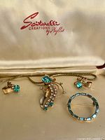 Set inside original case showing necklace, earrings, brooch