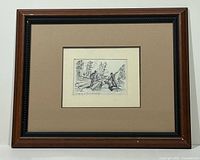 Full view of framed pencil drawing with mat and wooden frame