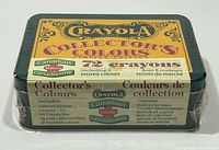 Top view of sealed Crayola Collector's Colors Limited Edition Tin showing Canadian edition label and 72 crayons note