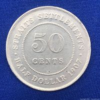 Reverse side of 1907 Straits Settlements half dollar coin