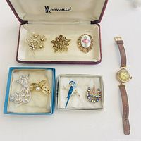 Group shot showing six brooches arranged in boxes and wristwatch to right