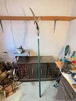 Full view of green pole pruner leaning against wall, showing overall length