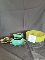 Full lot showing Blue Mountain Pottery cream-sugar set, leaf dish, Pyrex container