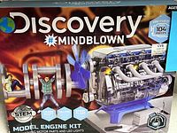 Front of sealed Discovery Mindblown Model Engine Kit box showing engine illustration and features