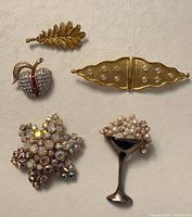 Group shot of five brooches laid out on white surface