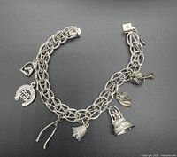 Full view of sterling silver charm bracelet showing chain style and all attached charms