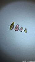 Four bicolour leaf-cut watermelon tourmaline stones displayed on neutral background