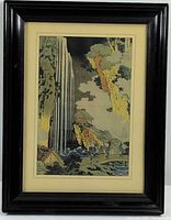 Full view of framed woodcut print showing image, mat and frame