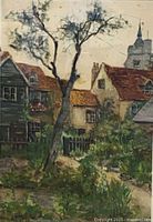 Full view of painting showing village scene composition