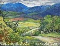 Full view of the framed landscape painting