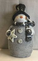Front view of snowman statue showing knit texture, star, hat, scarf