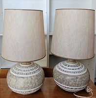 Front view of both matching ceramic lamps with shades attached