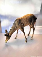 Full view of brass deer sculpture standing and grazing