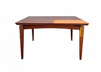 Front view of rectangular teak table, leaves retracted