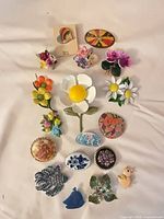 Full group shot of all 22 brooches and pins