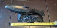 Side view showing full whale sculpture with measuring tape indicating 12 in length