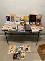 Overall view of all books on folding table