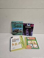 Front covers of four books upright on table