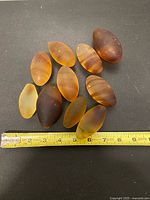 Top view of 10 polished oval stones next to ruler showing 2–3 inch length