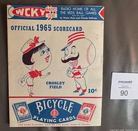 Front cover of 1965 Reds scorecard with caricature players and advertisements
