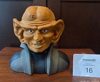 Front view of Ferengi coin bank showing facial detail