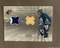 Front of 2001 Upper Deck SPx Hockey Treasures Curtis Joseph game-used jersey card showing two swatches and player image