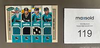 Front of card showing Nabokov, Thornton, Marleau, Cheechoo portrait panels with four teal/black jersey swatches