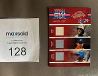 Front of 2005 Donruss Absolute Team Six card showing three jersey swatches and player images