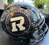 Left side of helmet showing team logo and many signatures