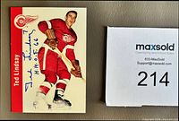 Front of autographed Ted Lindsay Parkhurst card with blue Sharpie signature and H.O.F. 66 inscription