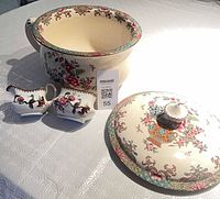 Overview of all three pieces: Paragon creamer, Paragon sugar bowl, T.F. & Sons lidded bowl with lid off