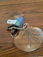 Wood turtle, shell sculpture, shell necklace together