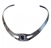 Full view of sterling silver collar necklace with blue stone center