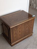Front angled view of oak cabinet showing door and grain
