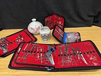 Four binders open showing surgical instruments with two vases behind