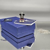 Pendant on chain resting on blue Swarovski box with certificate tag visible