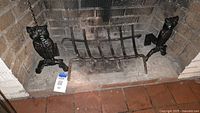 Full view of fireplace grate with both owl andirons