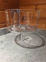 Side view of clear glass footed bowl on countertop