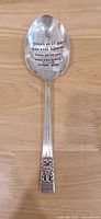 Full view of silver-tone serving spoon on wood surface
