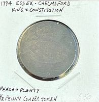 Obverse of 1794 Essex Chelmsford half-penny token in flip